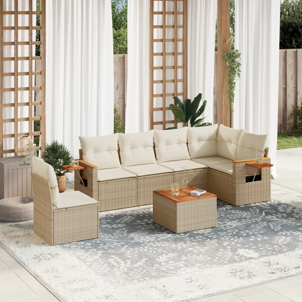 Set canapele de gradina, 7 piese, cu perne, bej, poliratan — imaginea 2