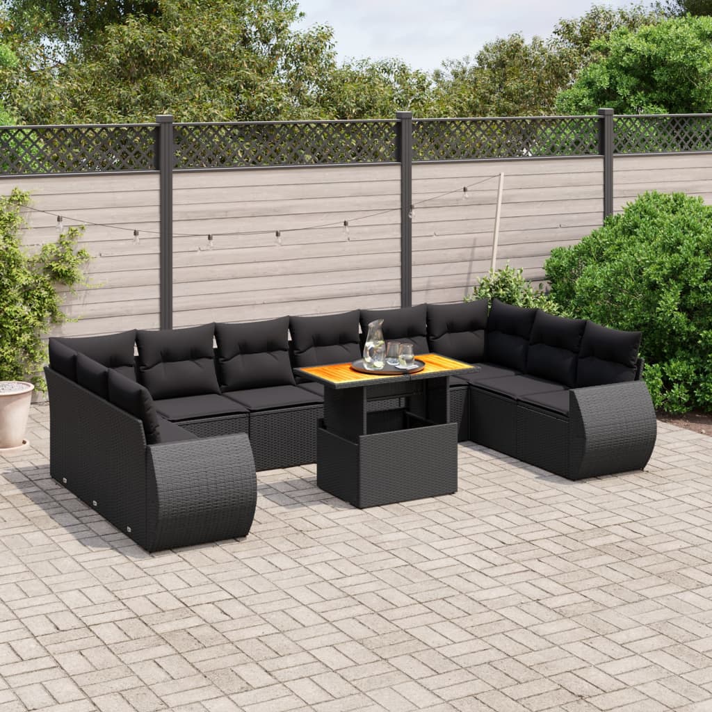 Set canapele de gradina cu perne, 11 piese, negru, poliratan — imaginea 2