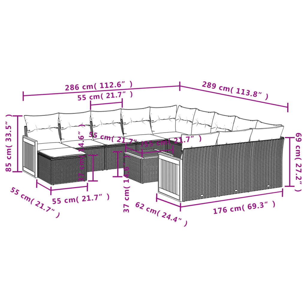 Set mobilier de gradina cu perne, 13 piese, negru, poliratan — imaginea 9