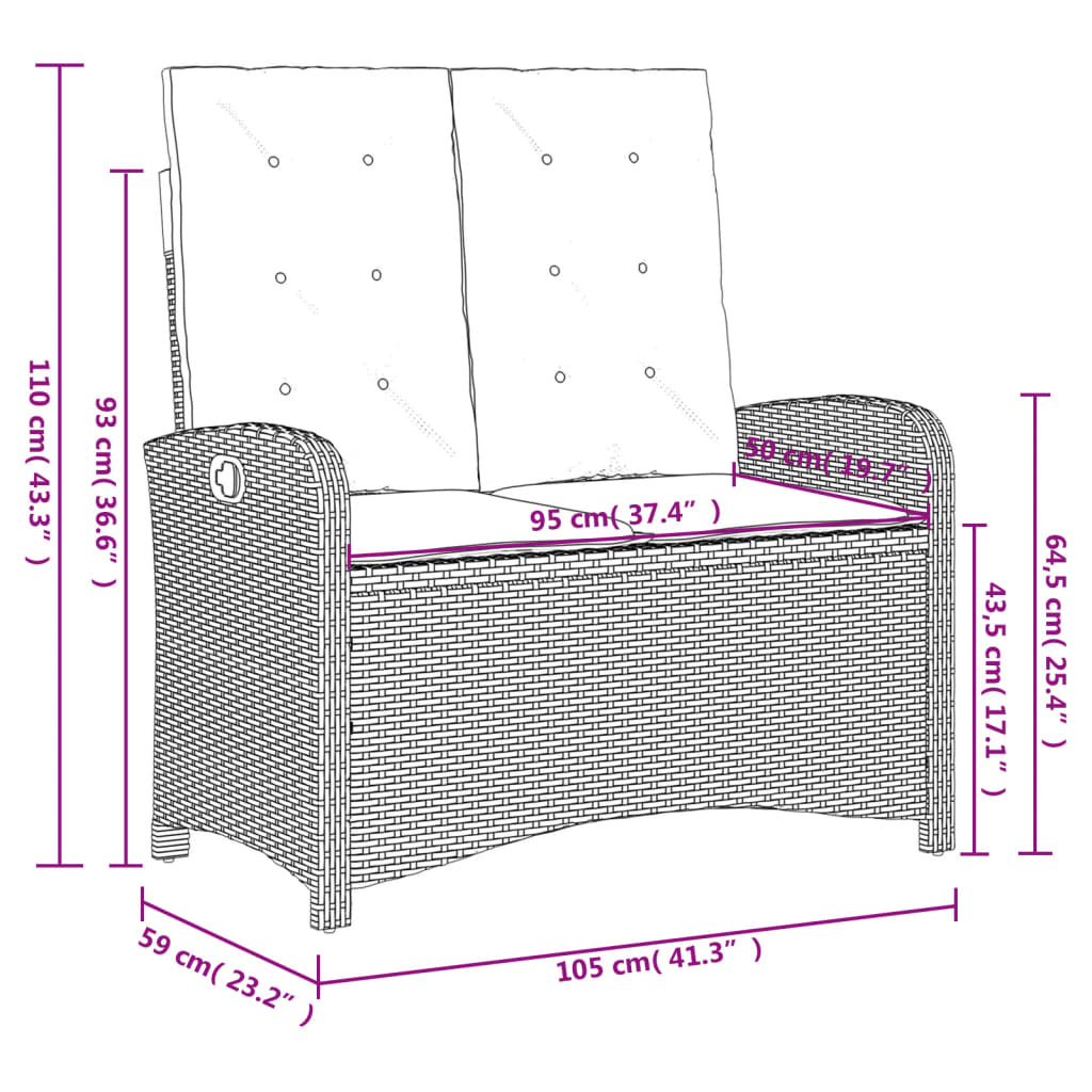 Set mobilier de gradina cu perne, 2 piese, negru, poliratan — imaginea 9