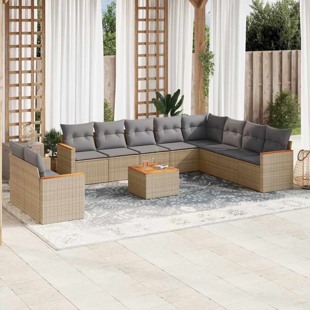 Set canapele de gradina, 11 piese, cu perne, bej, poliratan — imaginea 2