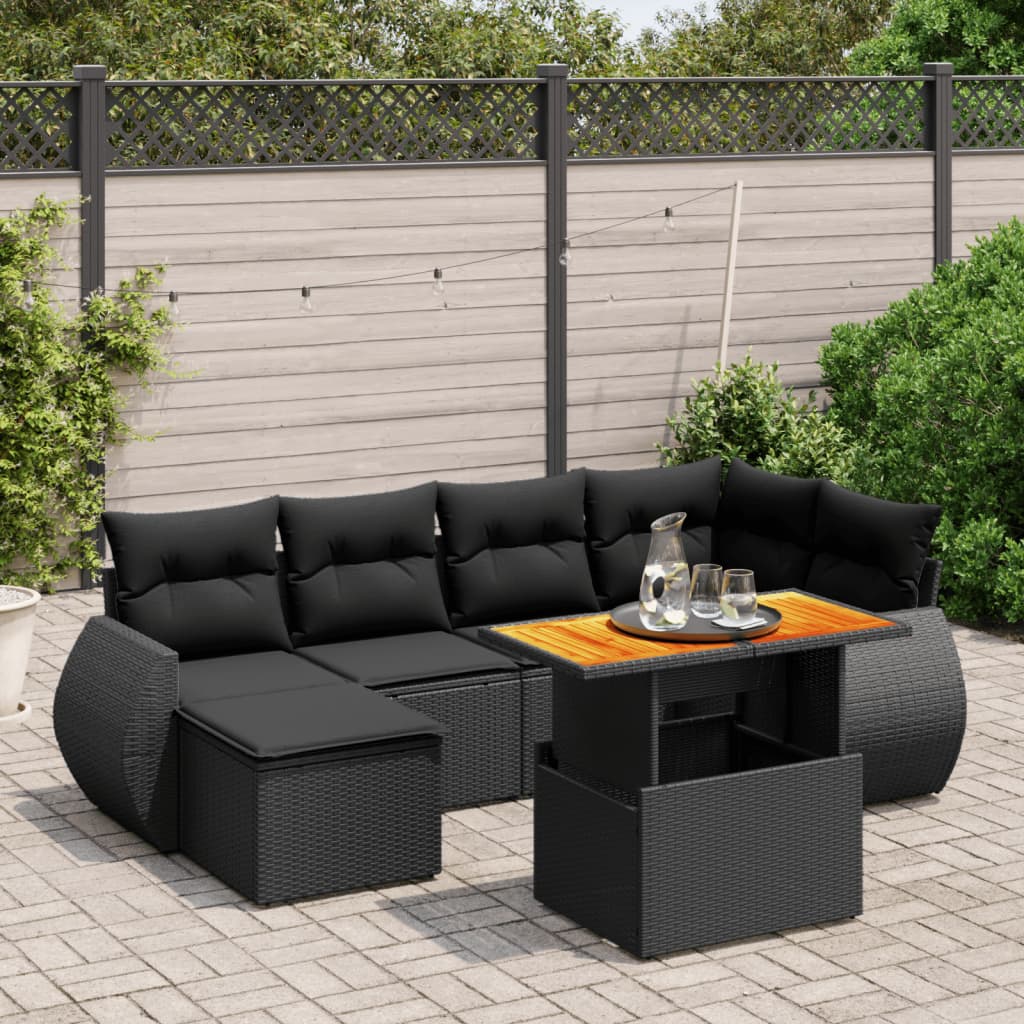 Set canapele de gradina cu perne, 7 piese, negru, poliratan — imaginea 2