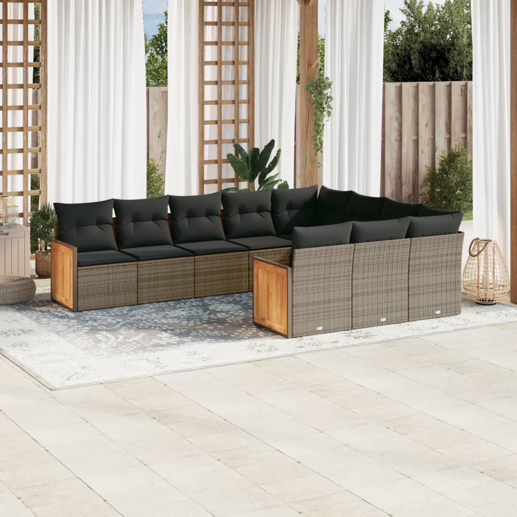 Set mobilier de gradina cu perne, 10 piese, gri, poliratan — imaginea 2