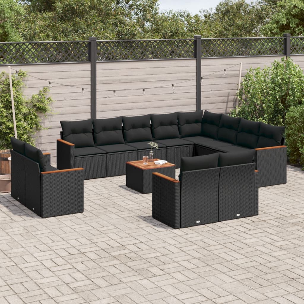Set mobilier de gradina cu perne, 13 piese, negru, poliratan — imaginea 2