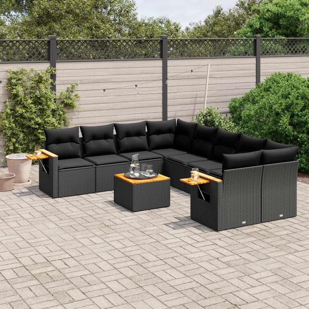 Set mobilier de gradina cu perne, 9 piese, negru, poliratan — imaginea 2