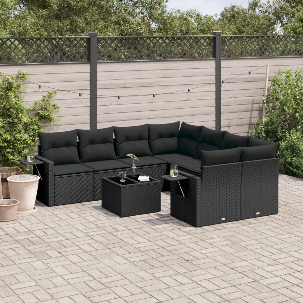 Set mobilier de gradina cu perne, 9 piese, negru, poliratan — imaginea 2