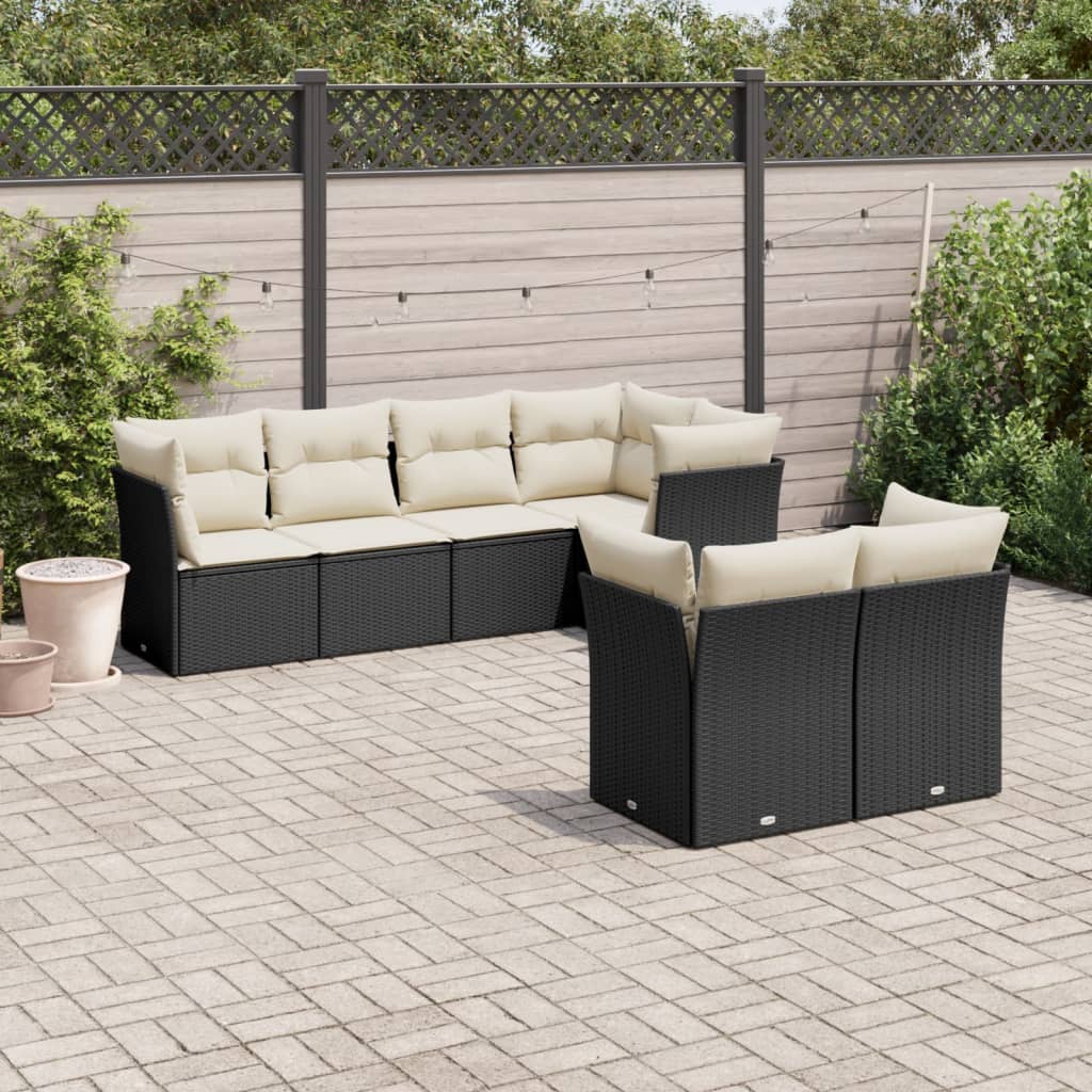 Set canapele de gradina cu perne, 7 piese, negru, poliratan — imaginea 2