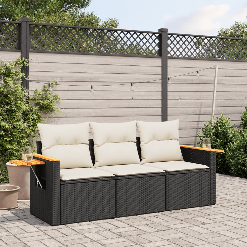 Set mobilier de gradina cu perne, 3 piese, negru, poliratan — imaginea 2