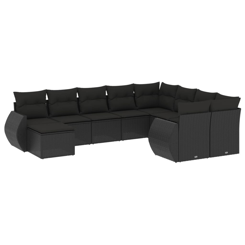 Set canapele de gradina cu perne, 10 piese, negru, poliratan