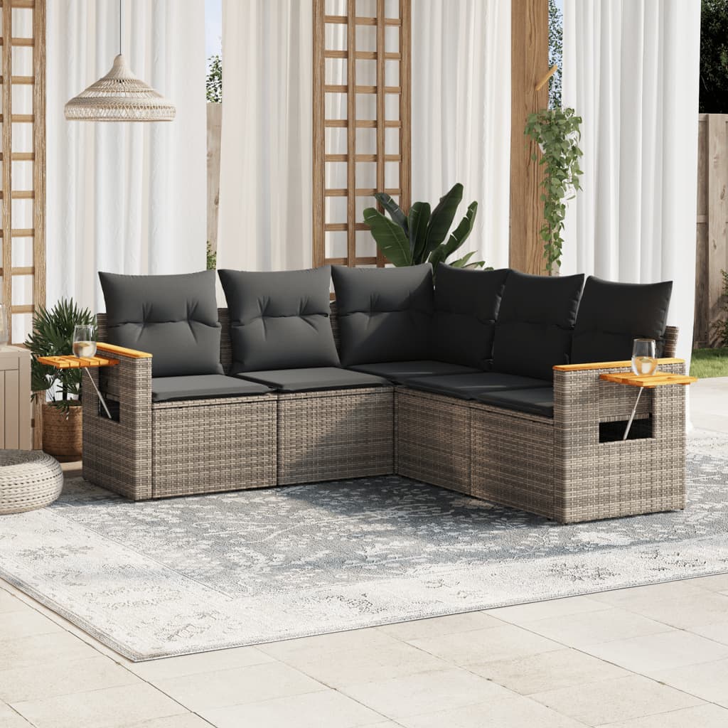 Set canapea de gradina cu perne, 5 piese, gri, poliratan — imaginea 2
