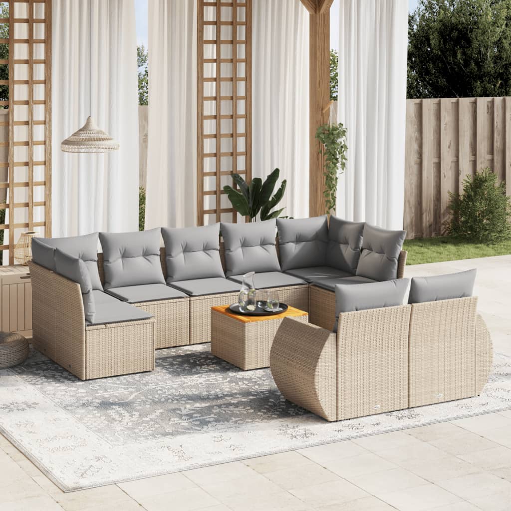 Set canapele de gradina cu perne, 10 piese, bej, poliratan — imaginea 2