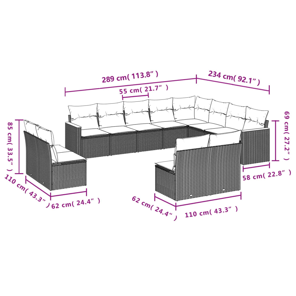 Set canapele de gradina cu perne, 12 piese, bej, poliratan — imaginea 3