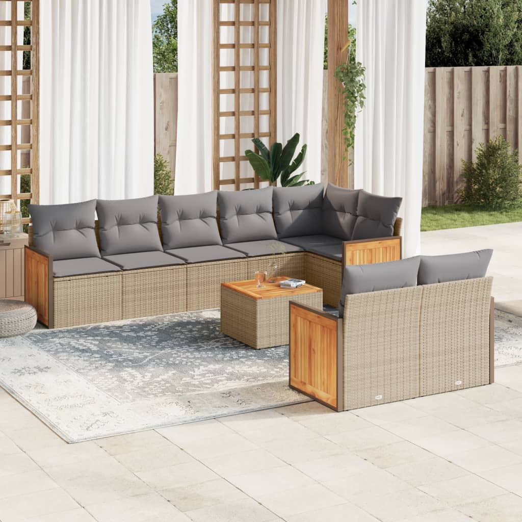 Set canapele de gradina, 9 piese, cu perne, bej, poliratan — imaginea 2
