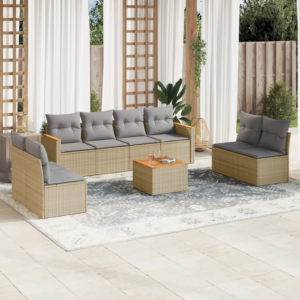 Set canapele de gradina, 9 piese, cu perne, bej, poliratan — imaginea 2