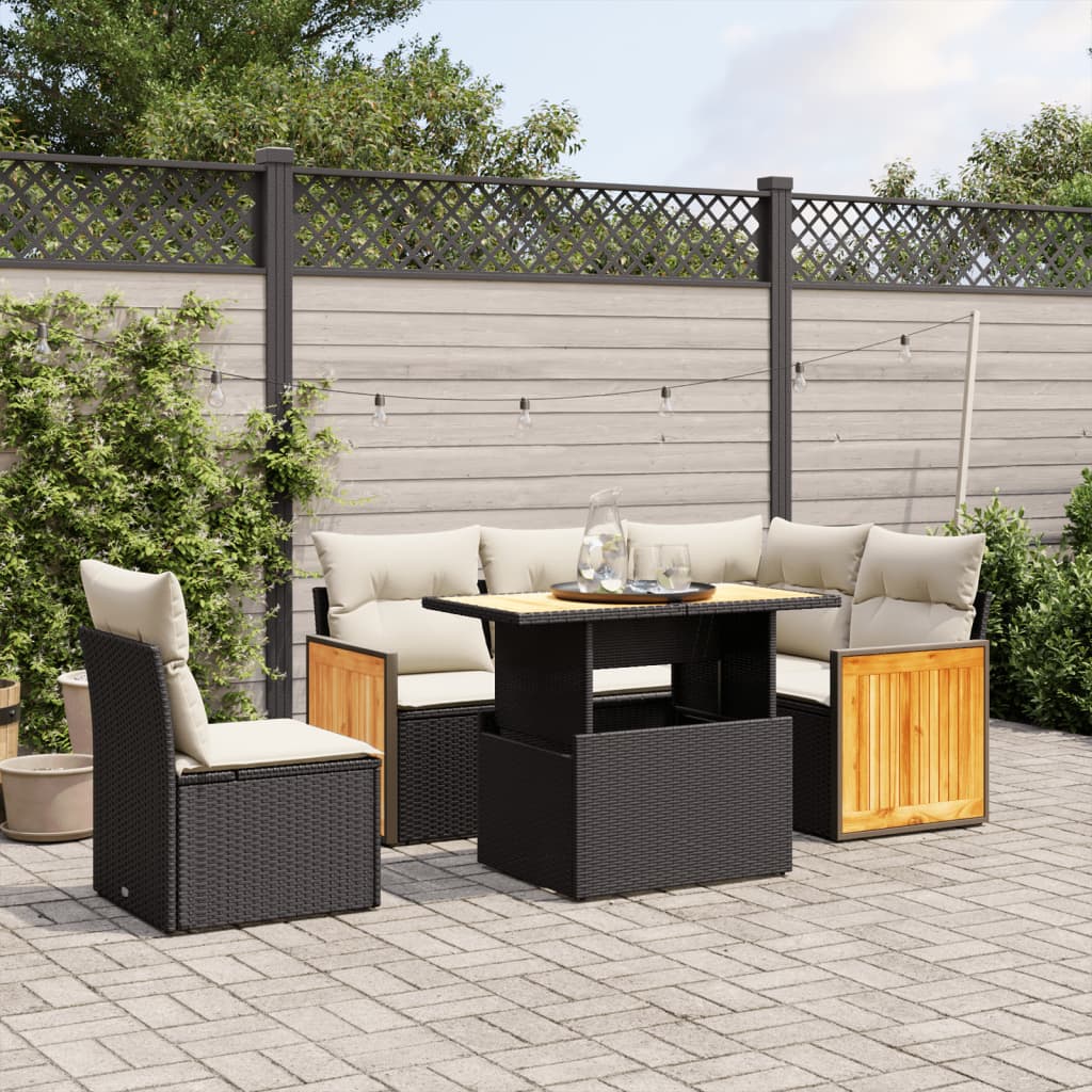 Set mobilier de gradina cu perne, 6 piese, negru, poliratan — imaginea 2