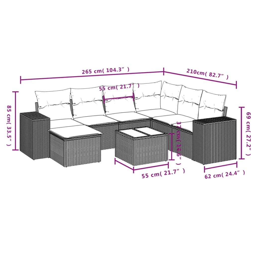 Set mobilier de gradina cu perne, 8 piese, negru, poliratan — imaginea 9