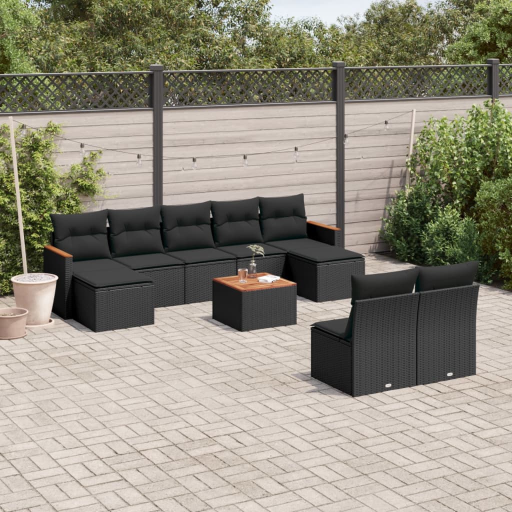 Set canapele de gradina cu perne, 10 piese, negru, poliratan — imaginea 2