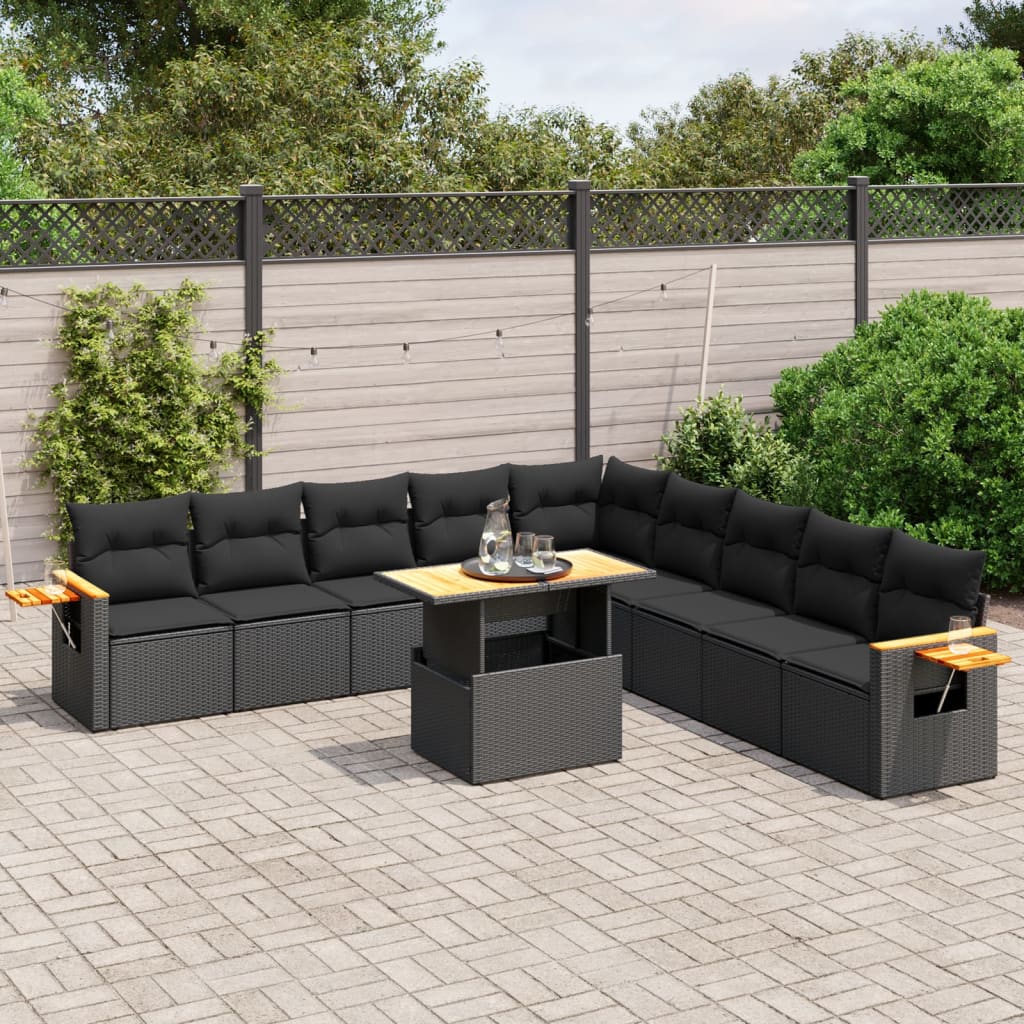 Set canapele de gradina cu perne, 11 piese, negru, poliratan — imaginea 2