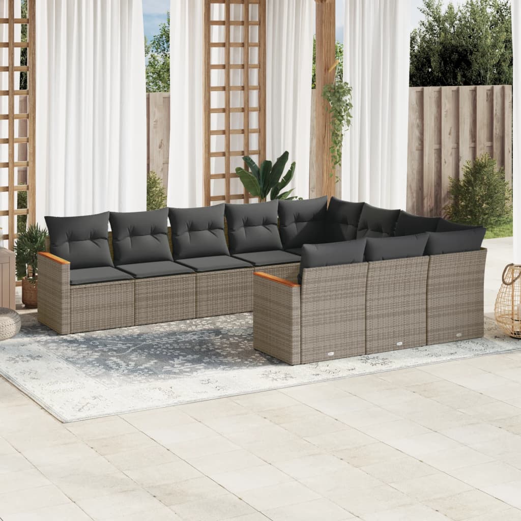Set mobilier de gradina cu perne, 10 piese, gri, poliratan — imaginea 2