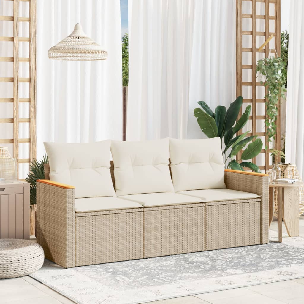 Set canapele de gradina, 3 piese, cu perne, bej, poliratan — imaginea 2
