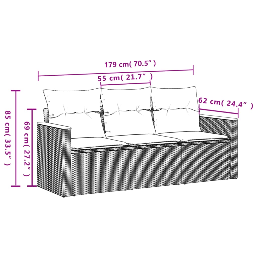 Set canapele de gradina, 3 piese, cu perne, bej, poliratan — imaginea 6