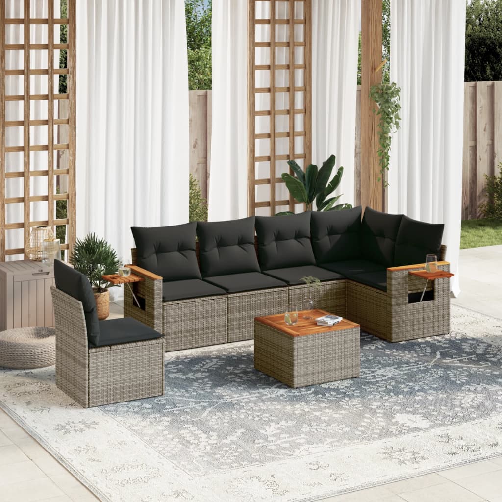 Set canapele de gradina, 7 piese, cu perne, gri, poliratan — imaginea 2