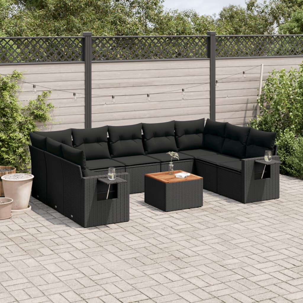 Set canapele de gradina cu perne, 10 piese, negru, poliratan — imaginea 2