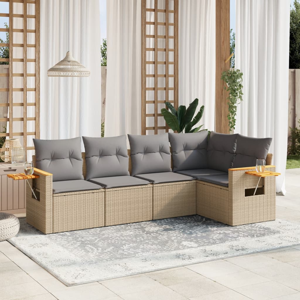 Set canapele de gradina cu perne, 5 piese, bej, poliratan — imaginea 2