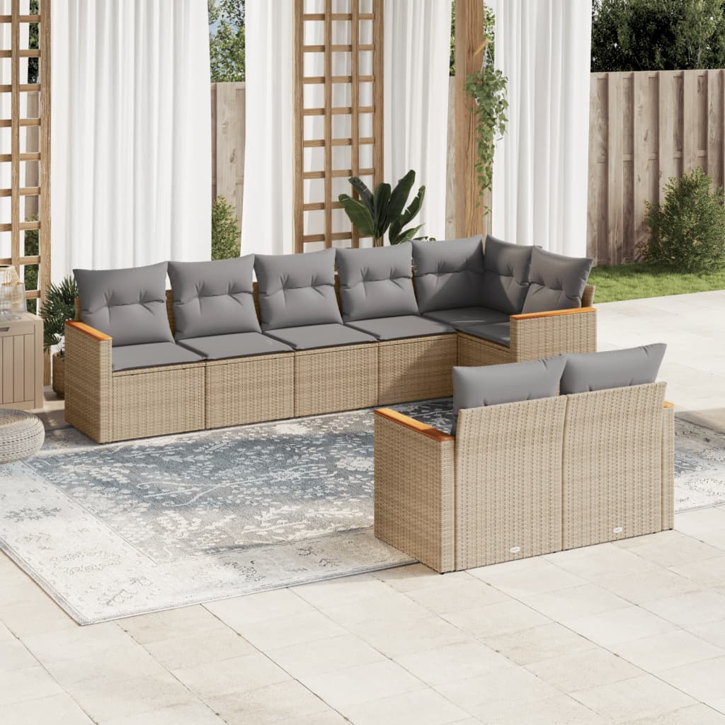 Set canapele de gradina, 8 piese, cu perne, bej, poliratan — imaginea 2