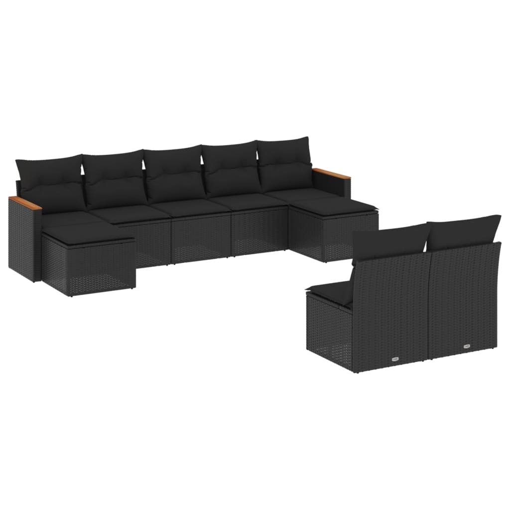 Set mobilier de gradina cu perne, 9 piese, negru, poliratan