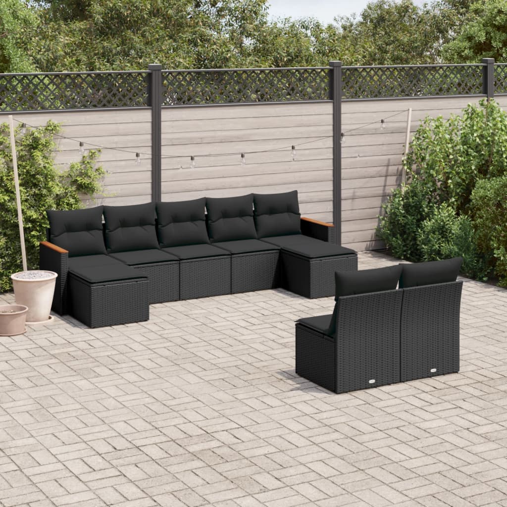 Set mobilier de gradina cu perne, 9 piese, negru, poliratan — imaginea 2