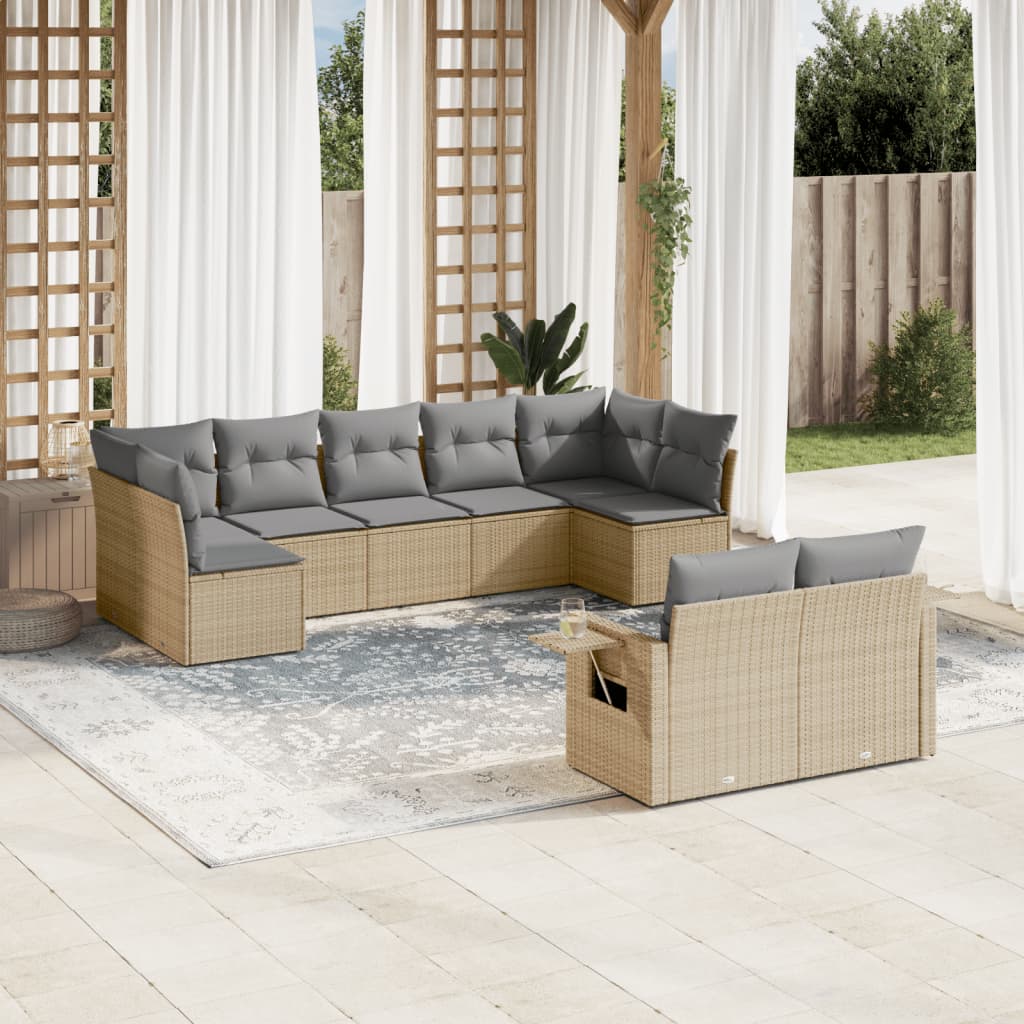 Set canapele de gradina, 9 piese, cu perne, bej, poliratan — imaginea 2