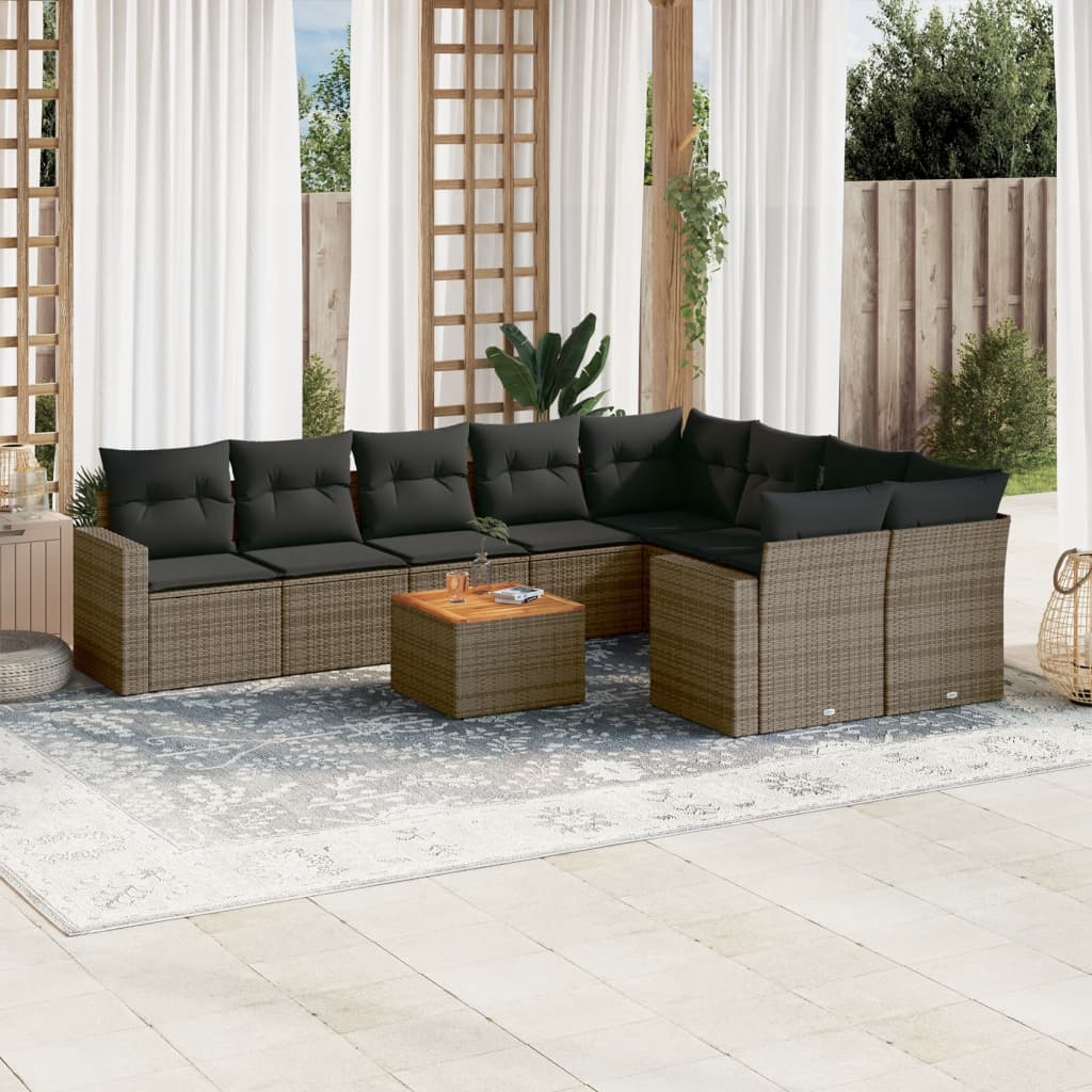 Set mobilier de gradina cu perne, 10 piese, gri, poliratan — imaginea 2