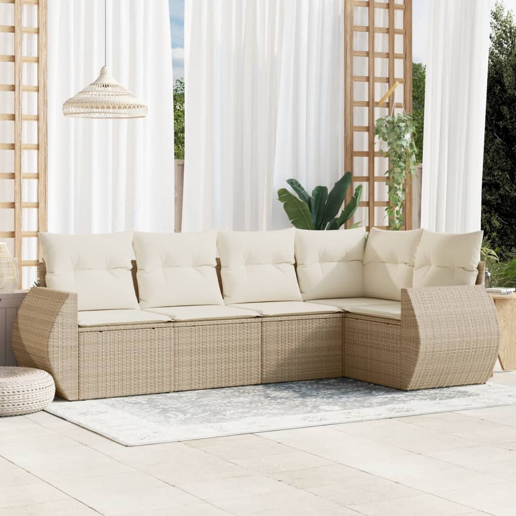 Set canapele de gradina cu perne, 5 piese, bej, poliratan — imaginea 2