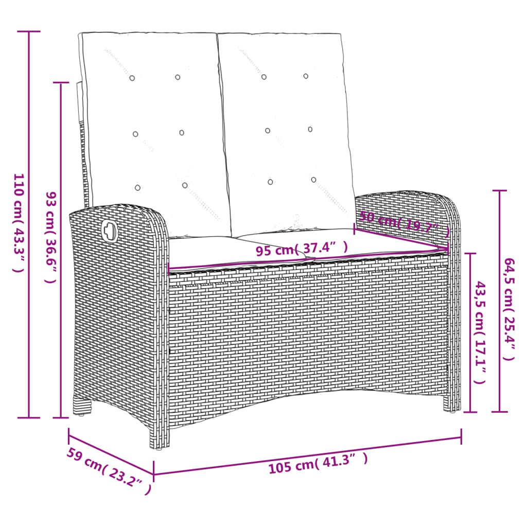 Set mobilier de gradina cu perne, 2 piese, negru, poliratan — imaginea 9
