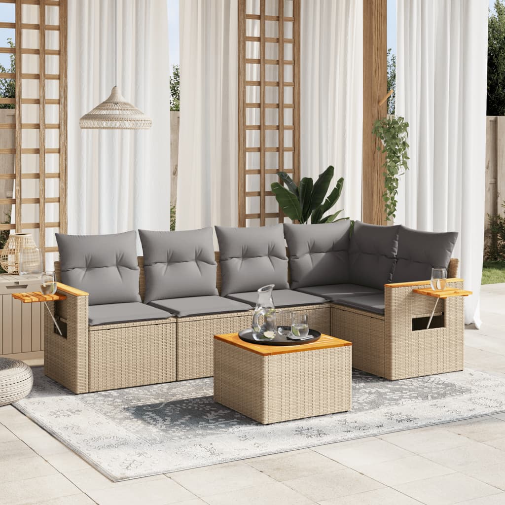 Set canapele de gradina cu perne, 6 piese, bej, poliratan — imaginea 2