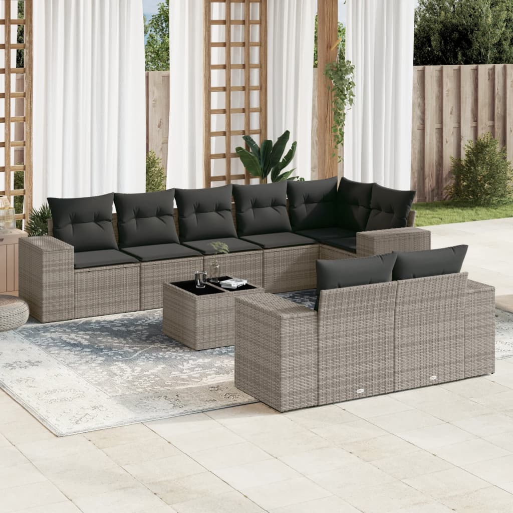 Set canapele de gradina, 9 piese, cu perne, gri, poliratan — imaginea 2