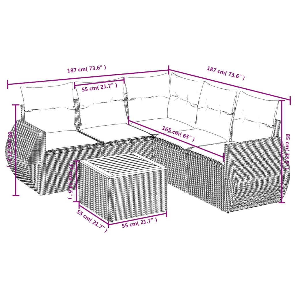 Set mobilier de gradina cu perne, 6 piese, negru, poliratan — imaginea 9