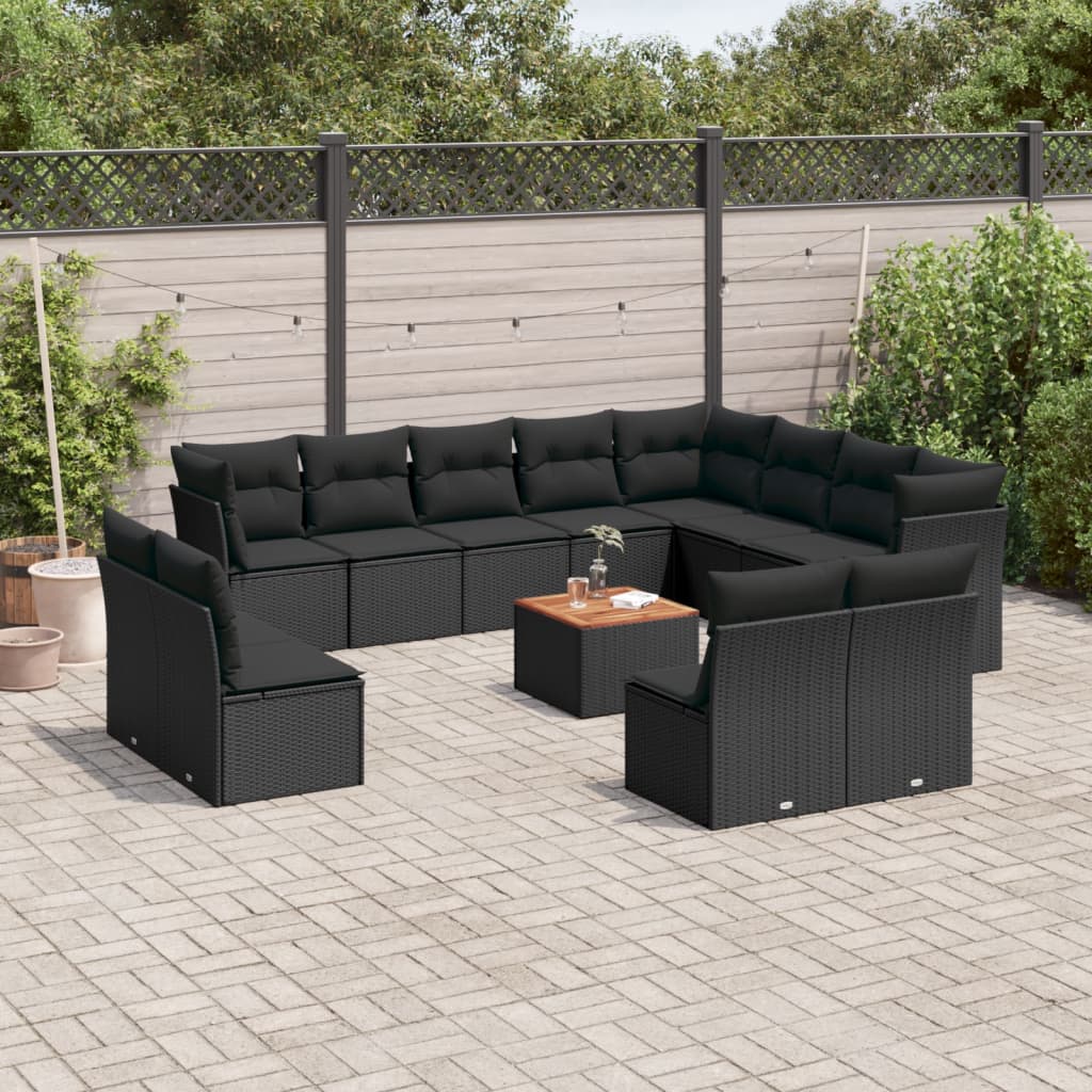 Set mobilier de gradina cu perne, 13 piese, negru, poliratan — imaginea 2