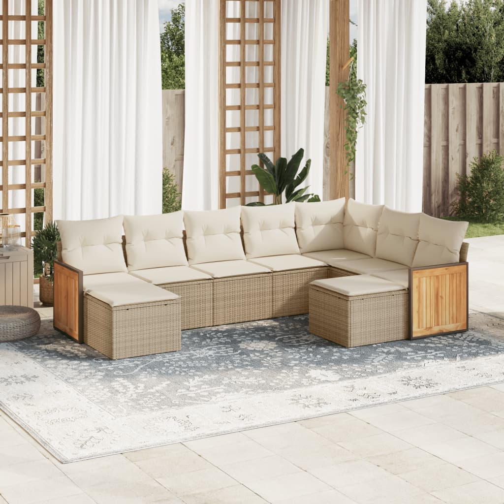 Set canapele de gradina, 9 piese, cu perne, bej, poliratan — imaginea 2