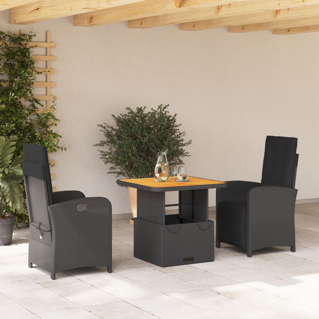 Set mobilier de gradina cu perne, 3 piese, negru, poliratan — imaginea 2