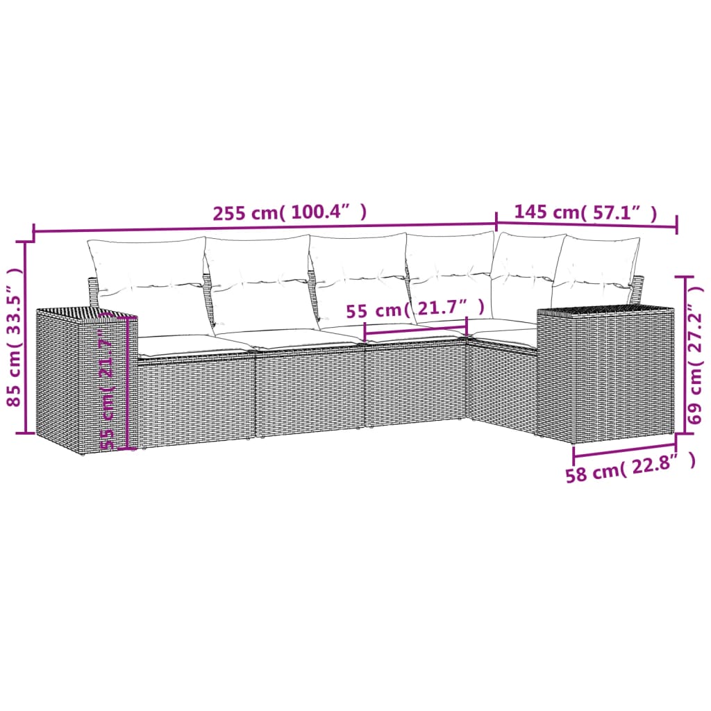 Set mobilier de gradina cu perne, 5 piese, negru, poliratan — imaginea 3