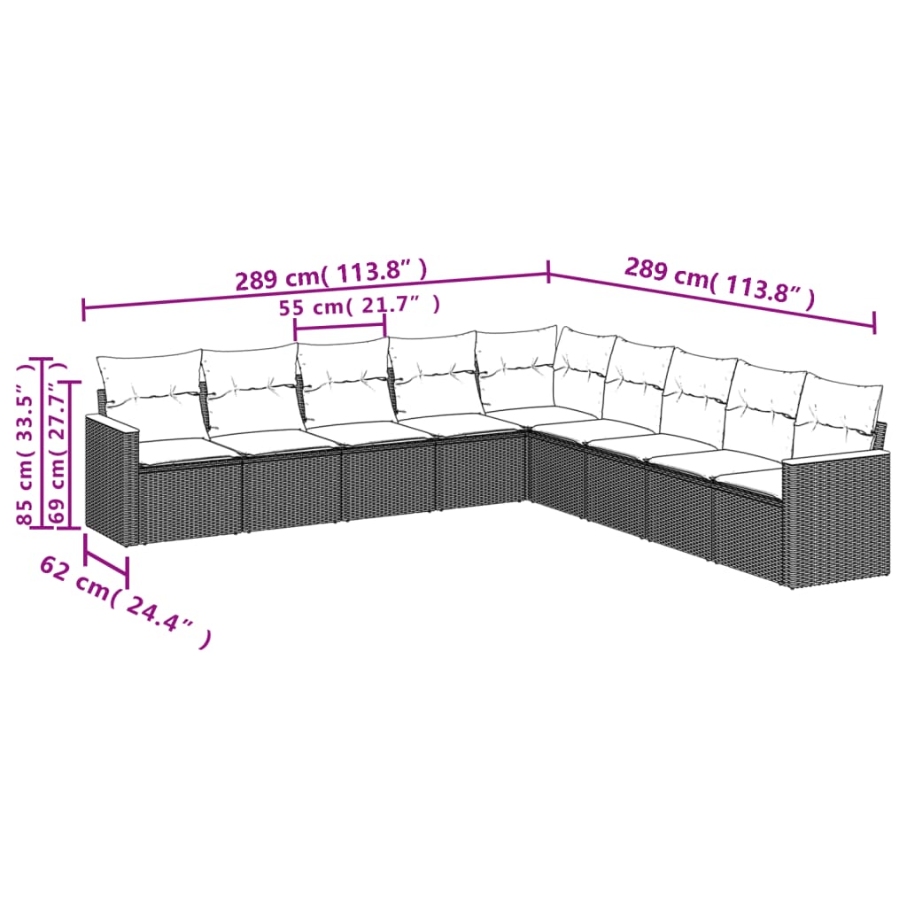 Set canapele de gradina, 9 piese, cu perne, bej, poliratan — imaginea 7