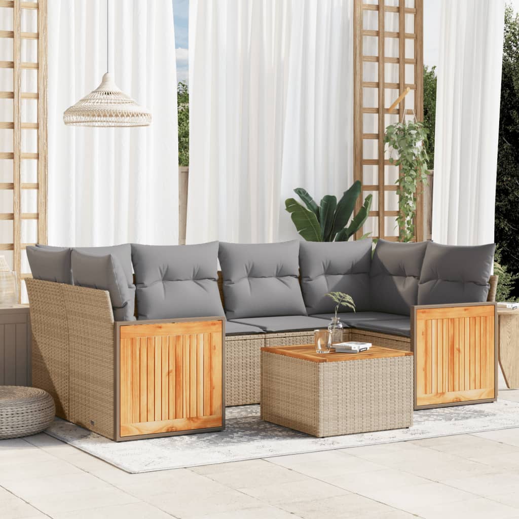 Set canapele de gradina, 7 piese, cu perne, bej, poliratan — imaginea 2