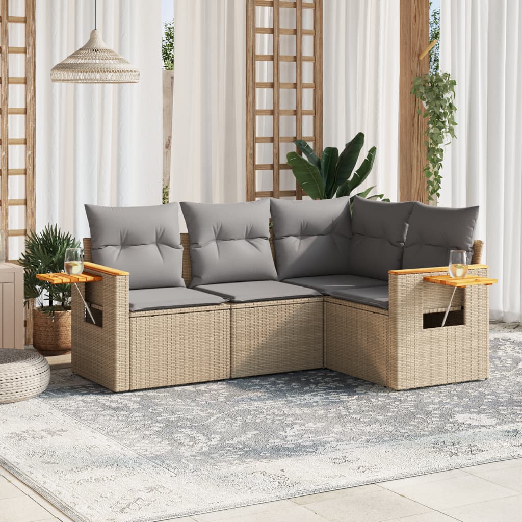 Set canapele de gradina, 4 piese, cu perne, bej, poliratan — imaginea 2
