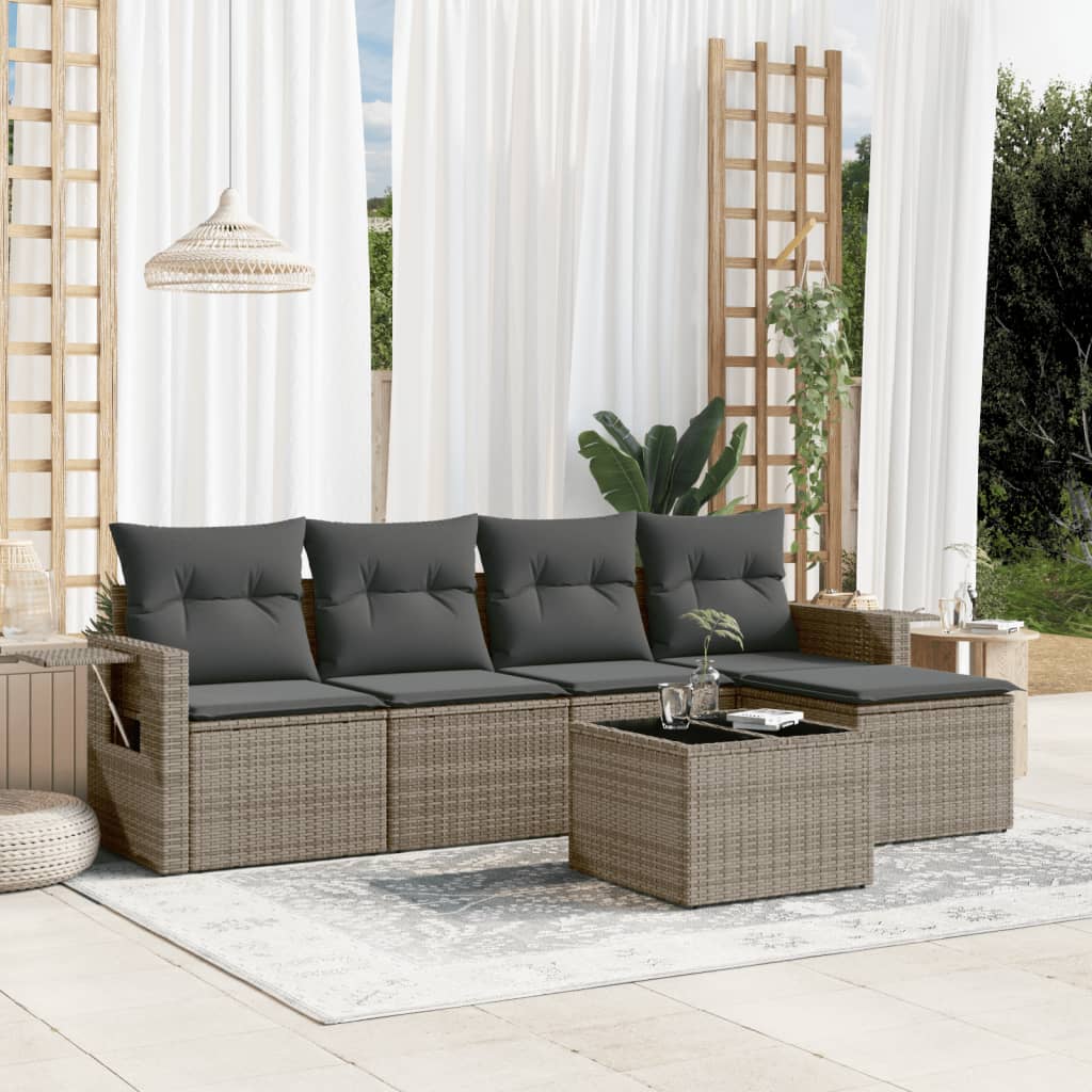 Set mobilier gradina cu perne, 6 piese, gri, poliratan — imaginea 2