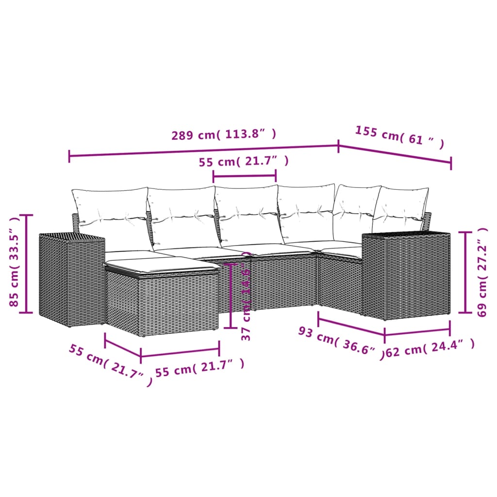 Set mobilier de gradina cu perne, 6 piese, negru, poliratan — imaginea 8