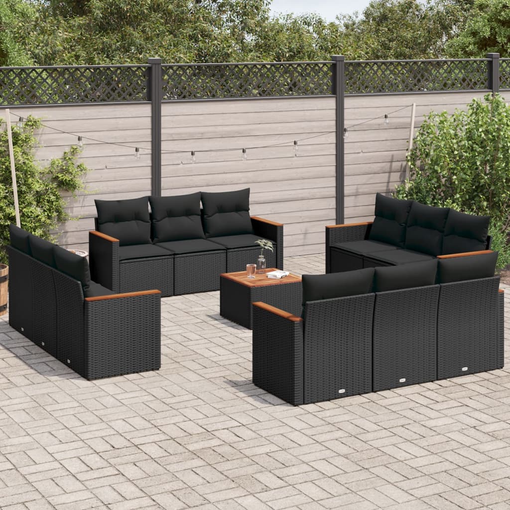 Set mobilier de gradina cu perne, 13 piese, negru, poliratan — imaginea 2