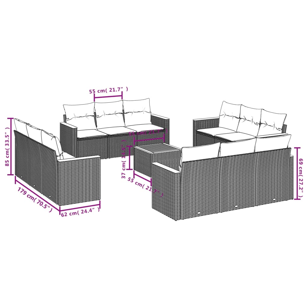 Set mobilier de gradina cu perne, 13 piese, negru, poliratan — imaginea 3