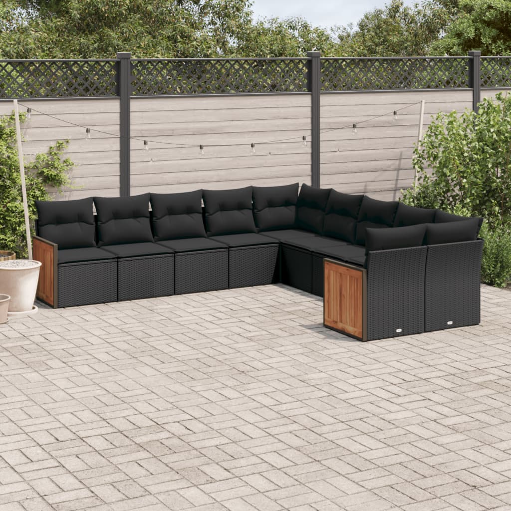 Set canapele de gradina cu perne, 10 piese, negru, poliratan — imaginea 2